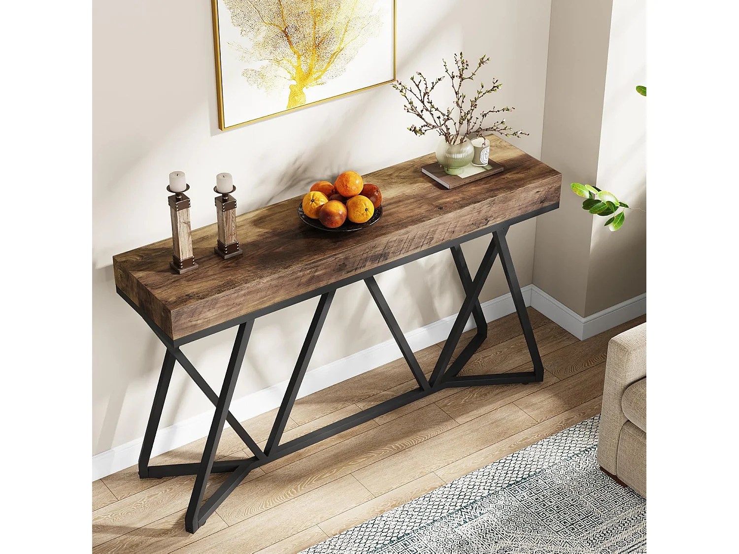 Consoletafel van 140 cm, houten haltafel met uniek metalen onderstel, salontafel, haltafel