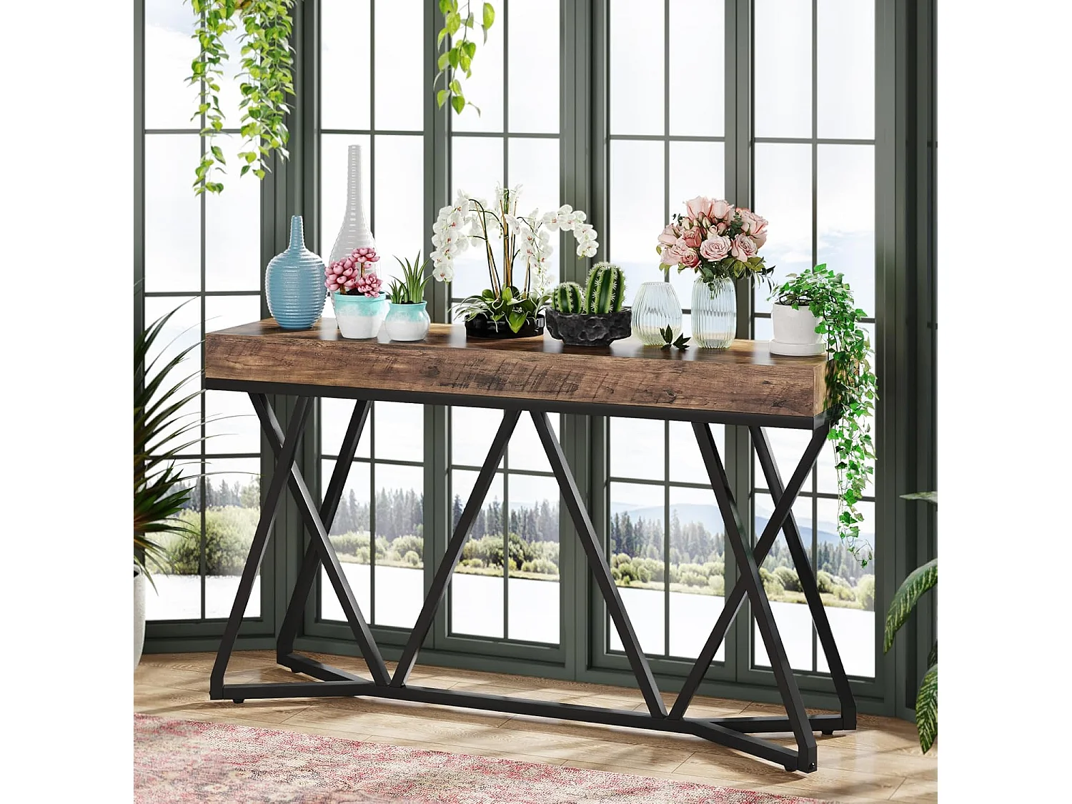 Consoletafel van 140 cm, houten haltafel met uniek metalen onderstel, salontafel, haltafel