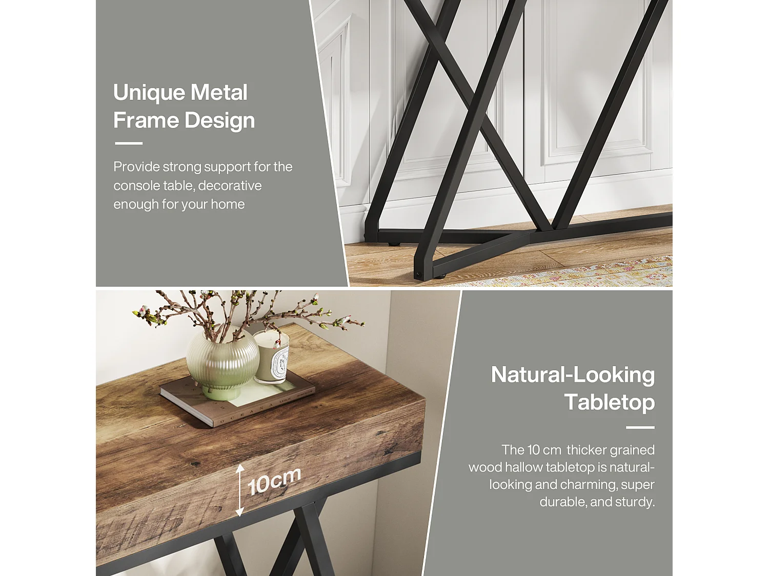 Consoletafel van 140 cm, houten haltafel met uniek metalen onderstel, salontafel, haltafel