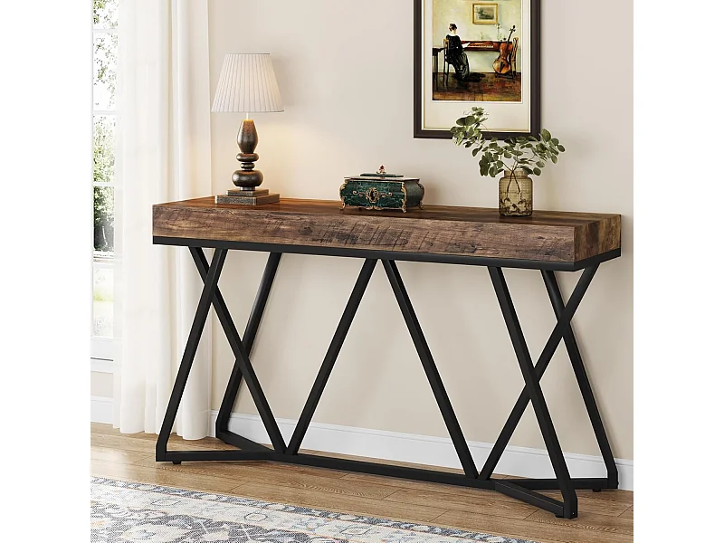 Consoletafel van 140 cm, houten haltafel met uniek metalen onderstel, salontafel, haltafel