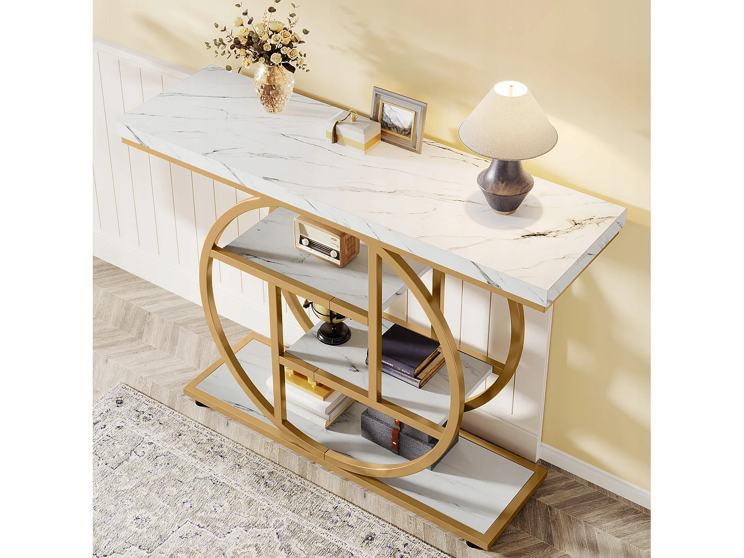 Console de Style Industriel de 105 cm, à 4 Niveaux avec Base Circulaire, étroite en Bois avec étagères de Rangement(Blanc/Doré)