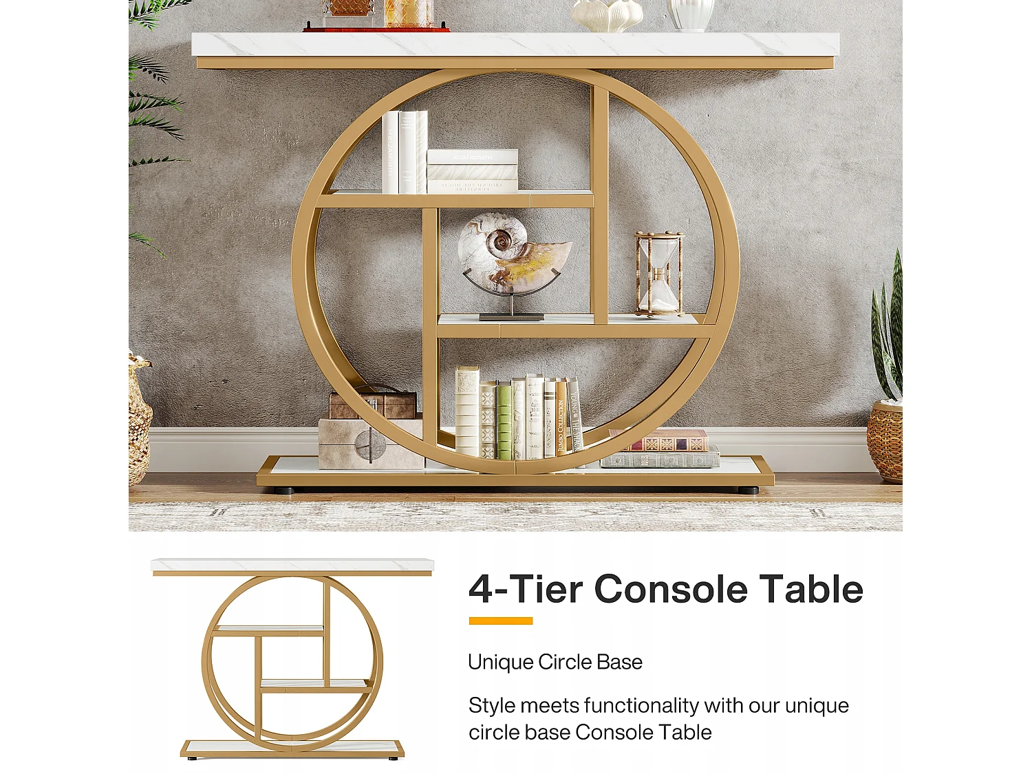 Console de Style Industriel de 105 cm, à 4 Niveaux avec Base Circulaire, étroite en Bois avec étagères de Rangement(Blanc/Doré)