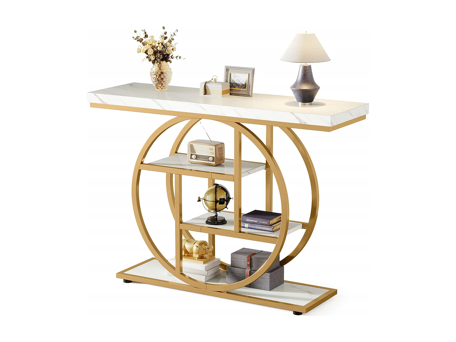 Tavolo consolle in stile industriale da 105 cm, 4 ripiani con base circolare, in legno stretto con ripiani portaoggetti (bianco/oro)