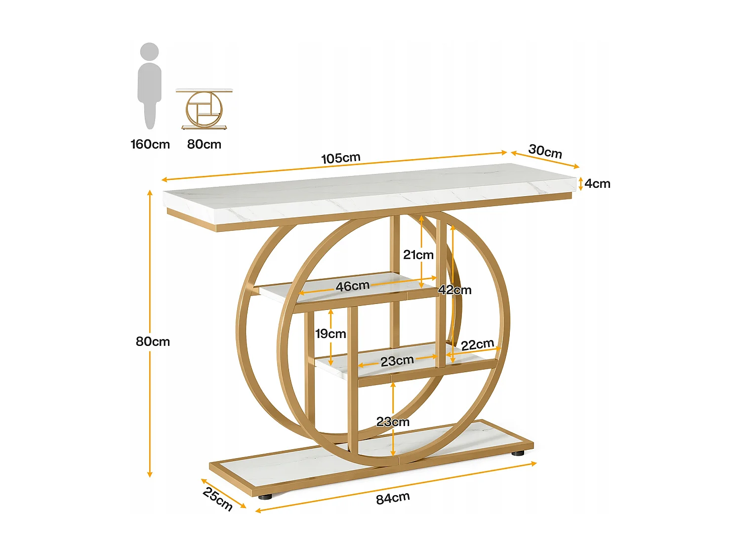 Tavolo consolle in stile industriale da 105 cm, 4 ripiani con base circolare, in legno stretto con ripiani portaoggetti (bianco/oro)