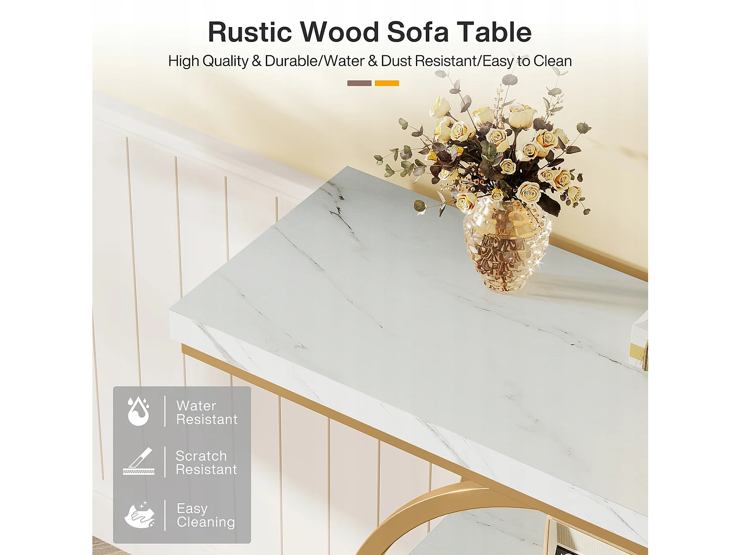 Tavolo consolle in stile industriale da 105 cm, 4 ripiani con base circolare, in legno stretto con ripiani portaoggetti (bianco/oro)