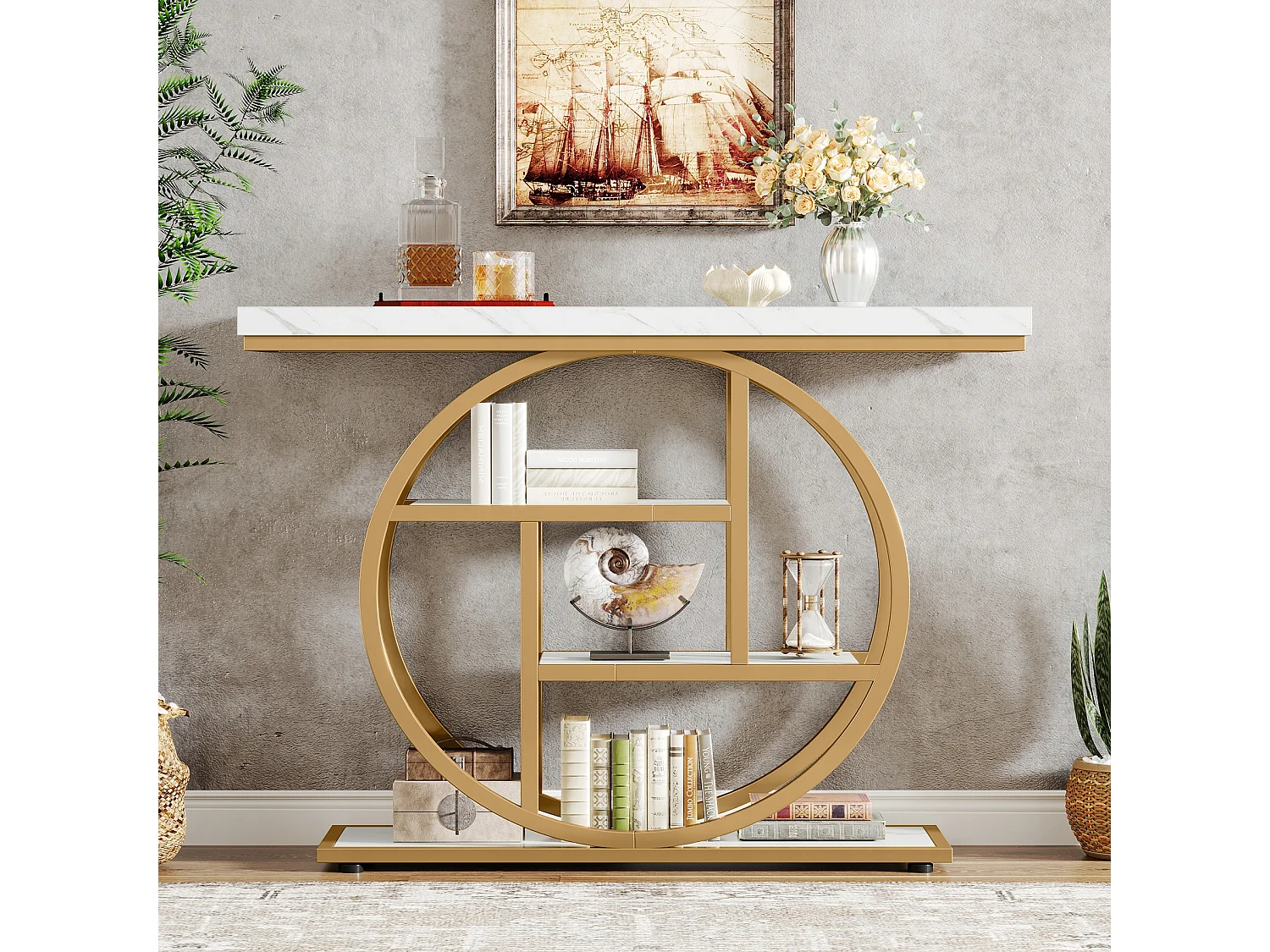 Console de Style Industriel de 105 cm, à 4 Niveaux avec Base Circulaire, étroite en Bois avec étagères de Rangement(Blanc/Doré)