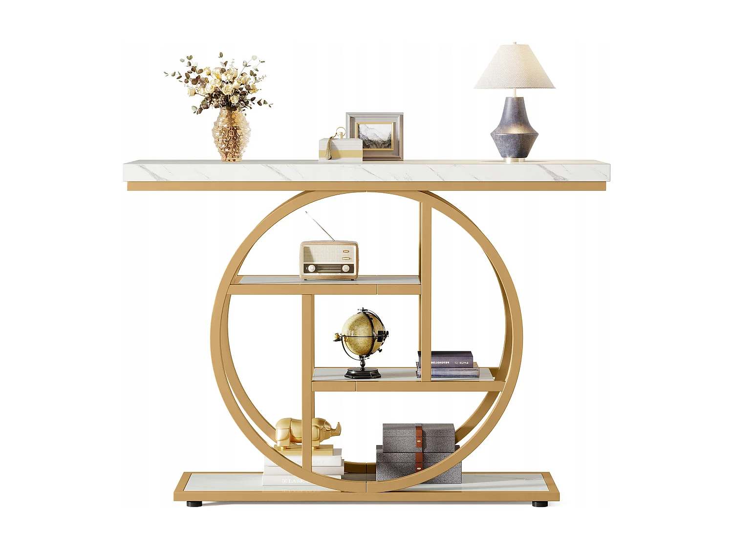 Console de Style Industriel de 105 cm, à 4 Niveaux avec Base Circulaire, étroite en Bois avec étagères de Rangement(Blanc/Doré)