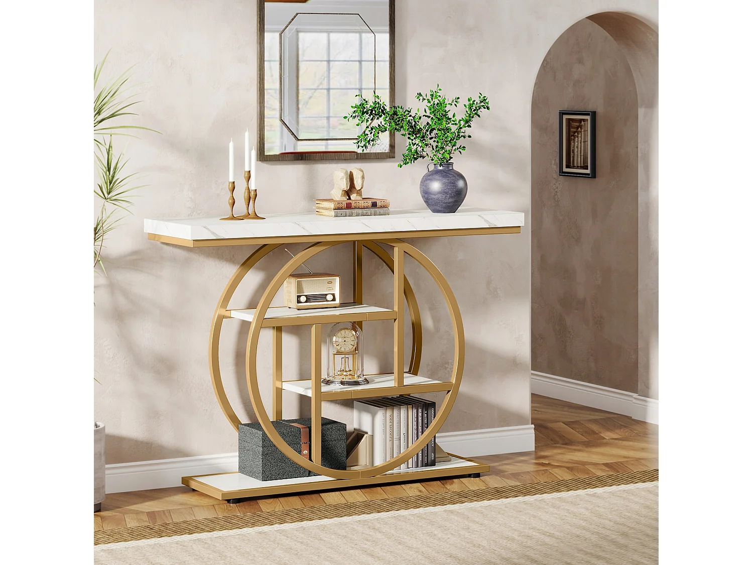 Console de Style Industriel de 105 cm, à 4 Niveaux avec Base Circulaire, étroite en Bois avec étagères de Rangement(Blanc/Doré)