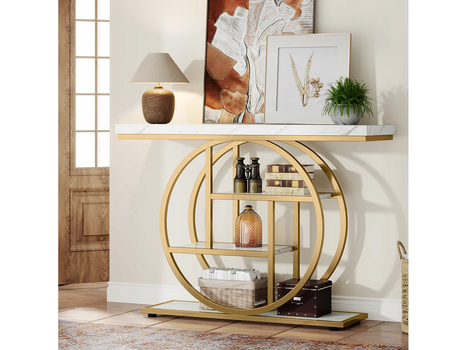 Console de Style Industriel de 105 cm, à 4 Niveaux avec Base Circulaire, étroite en Bois avec étagères de Rangement(Blanc/Doré)