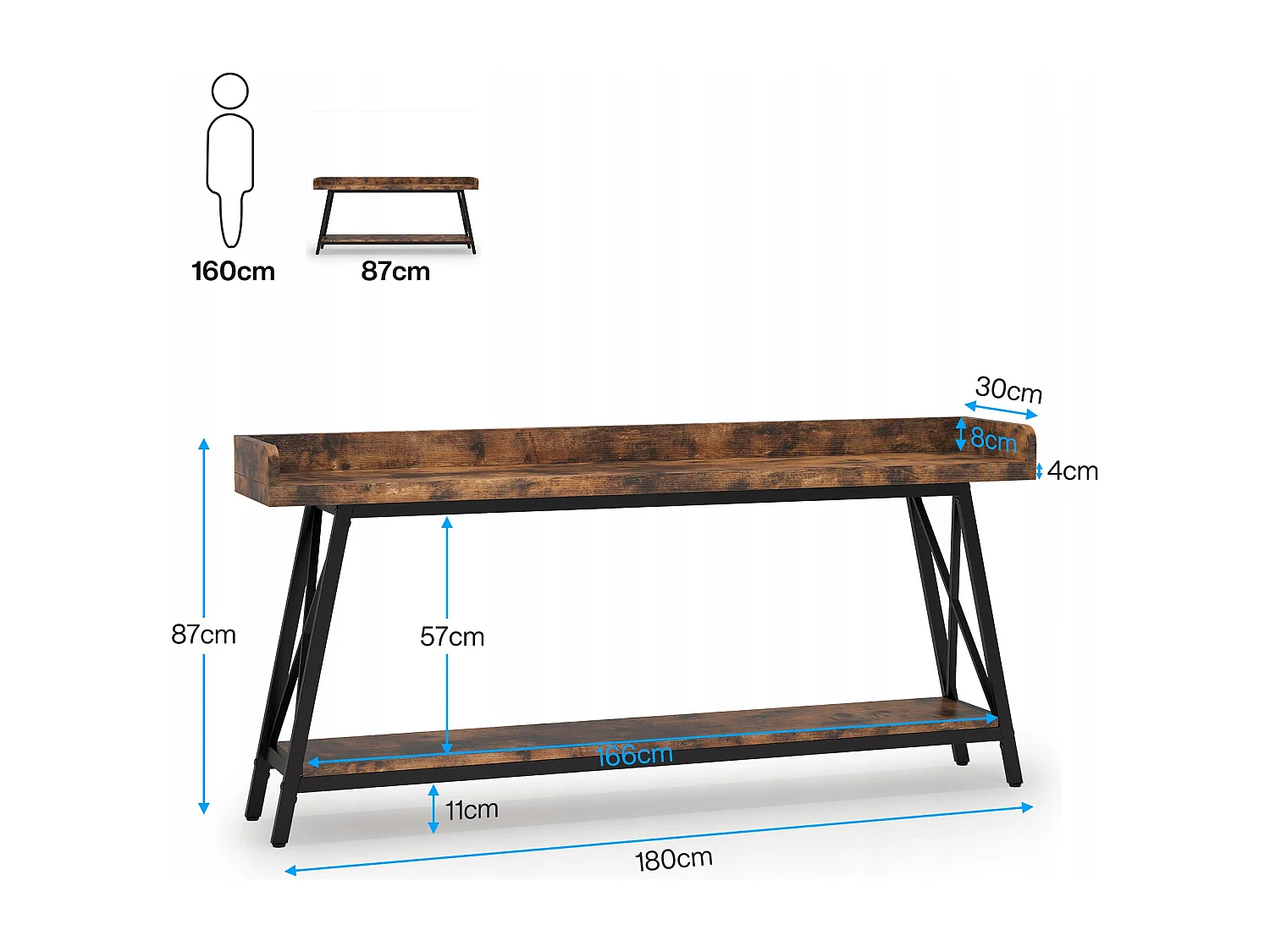 Consoletafel achter de bank 180cm extra lang, rustieke industriële salontafel voor de woonkamer, lange bartafel voor smalle entreehal