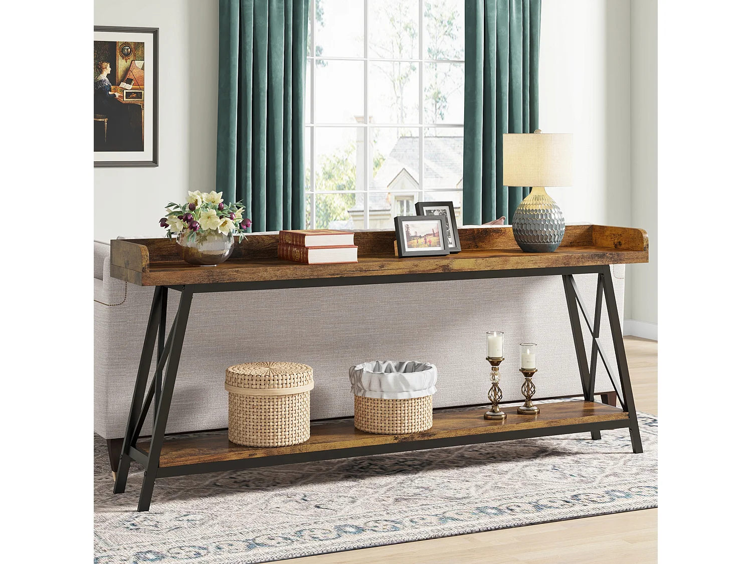 Consoletafel achter de bank 180cm extra lang, rustieke industriële salontafel voor de woonkamer, lange bartafel voor smalle entreehal