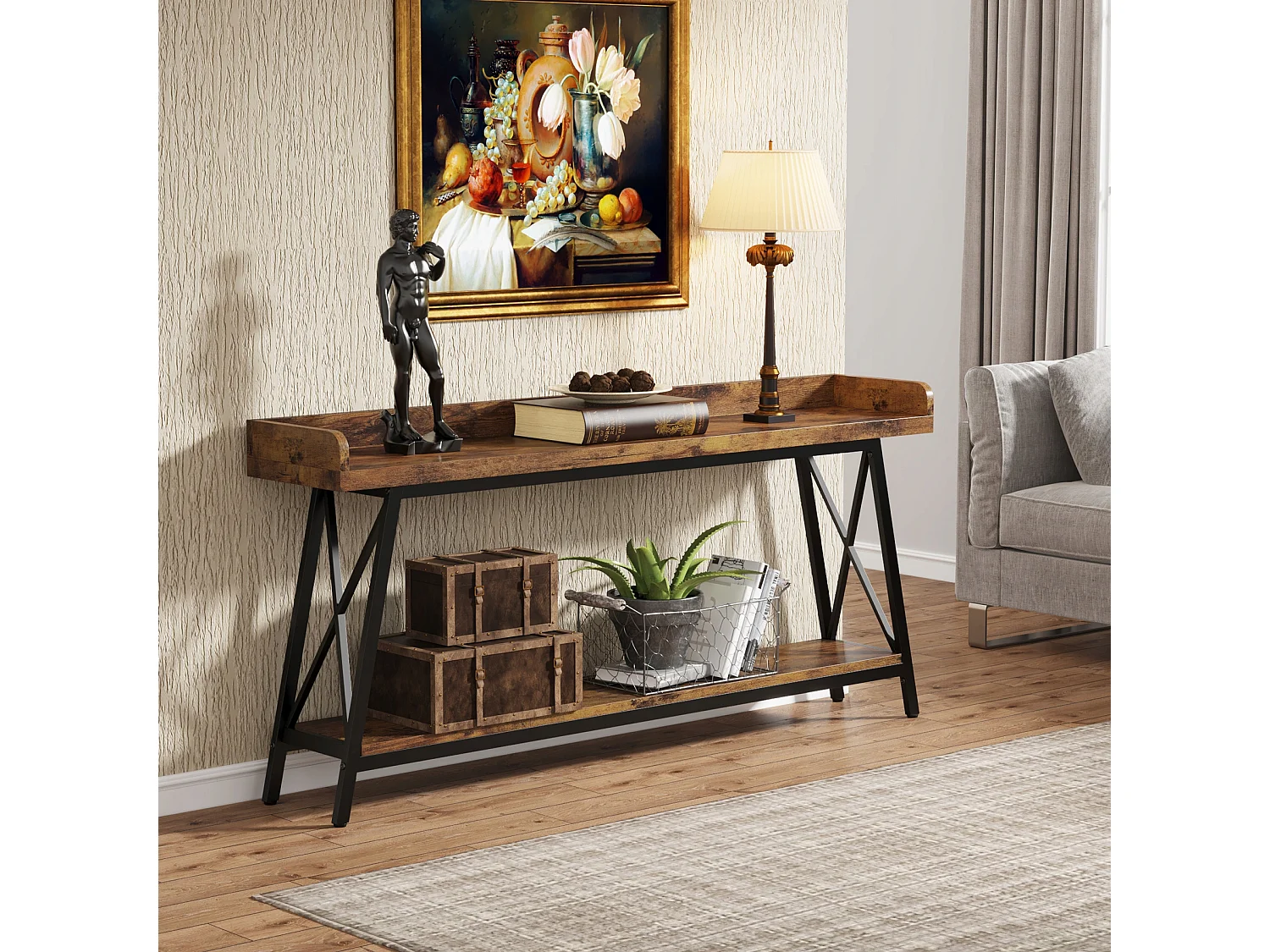 Consoletafel achter de bank 180cm extra lang, rustieke industriële salontafel voor de woonkamer, lange bartafel voor smalle entreehal