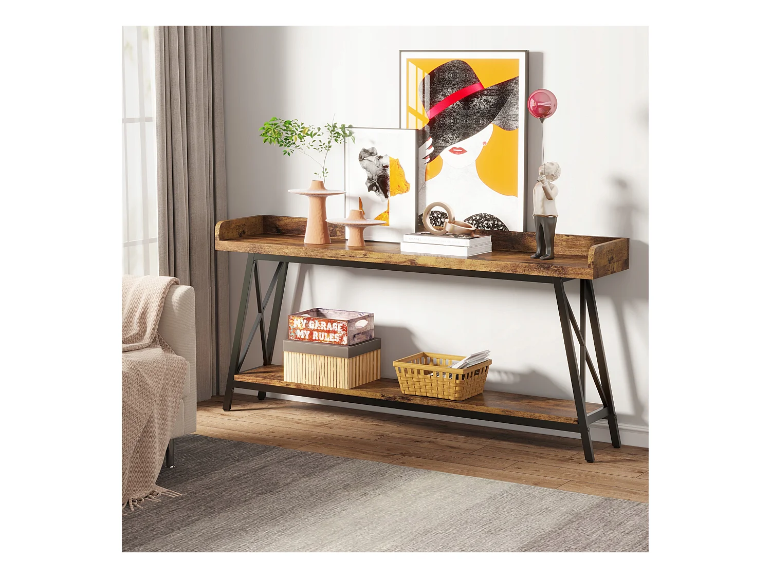 Konsolentisch hinter dem Sofa, 180 cm extra lang, rustikaler Industrie-Sofatisch für das Wohnzimmer, langer Stehtisch für schmalen Eingangsbereich