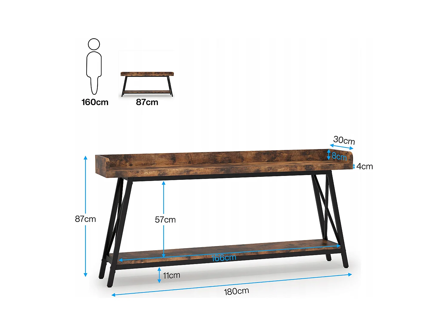 Konsolentisch hinter dem Sofa, 180 cm extra lang, rustikaler Industrie-Sofatisch für das Wohnzimmer, langer Stehtisch für schmalen Eingangsbereich