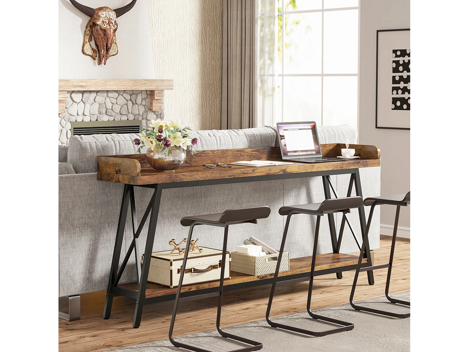 Table Console Derrière Le Canapé 180 cm Extra Longue, Table de Canapé Industrielle Rustique pour Salon, Table de Bar Longue