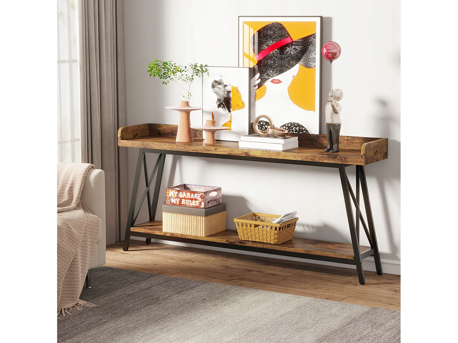 Table Console Derrière Le Canapé 180 cm Extra Longue, Table de Canapé Industrielle Rustique pour Salon, Table de Bar Longue