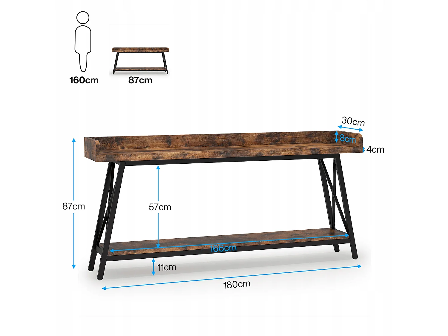 Table Console Derrière Le Canapé 180 cm Extra Longue, Table de Canapé Industrielle Rustique pour Salon, Table de Bar Longue