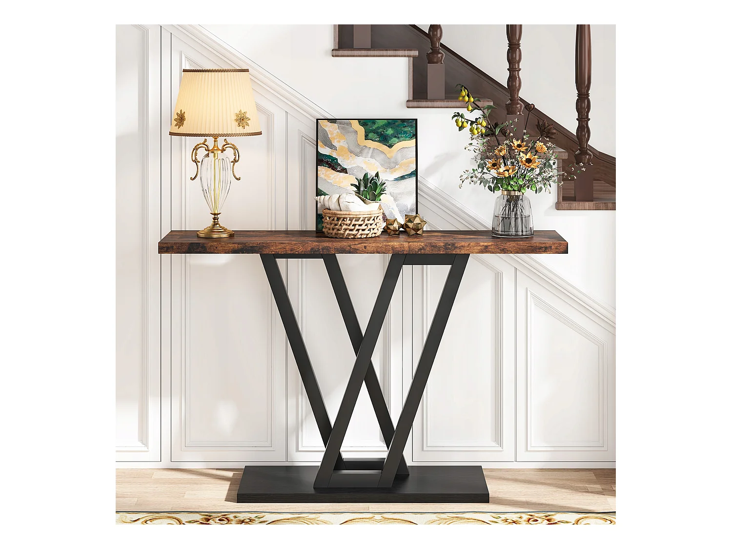 Stolik konsolowy, industrialny stolik konsolowy do przedpokoju, stoliki do przedpokoju 110 cm, wąski stolik kawowy do salonu, rustykalny brąz