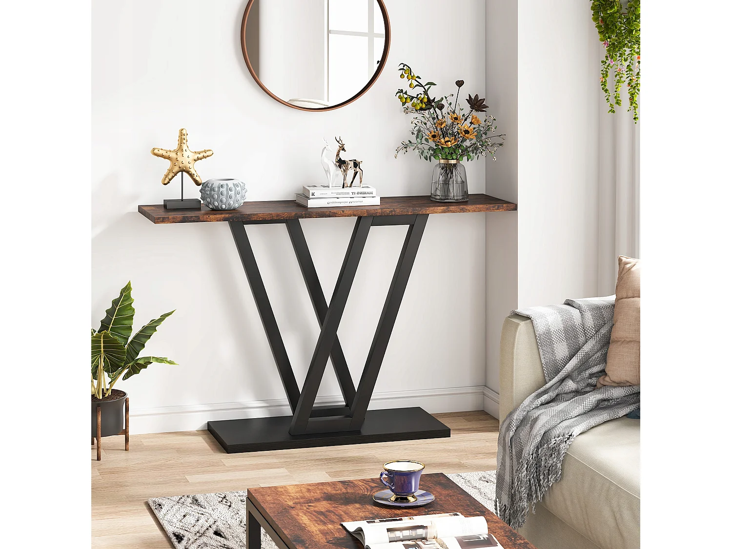 Console Meuble, Console d’entrée de Couloir Industrielle, Tables d'entrée de 110 cm Table de canapé étroite pour Salon, Marron Rustique