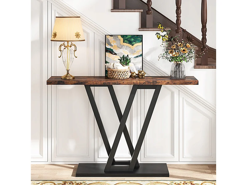 Konsolenmöbel, Industrielle Eingangskonsole für den Flur, Eingangstische mit 110 cm Länge, Schmale Sofatische für das Wohnzimmer, Rustikales Braun