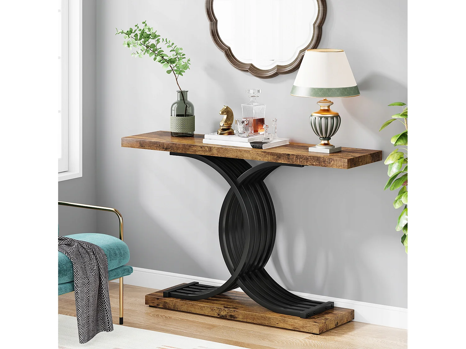 Table Console d'entrée, 100 x 29,5 x 80 cm Table Console Vintage, Table d'entrée avec Pieds métalliques géométriques