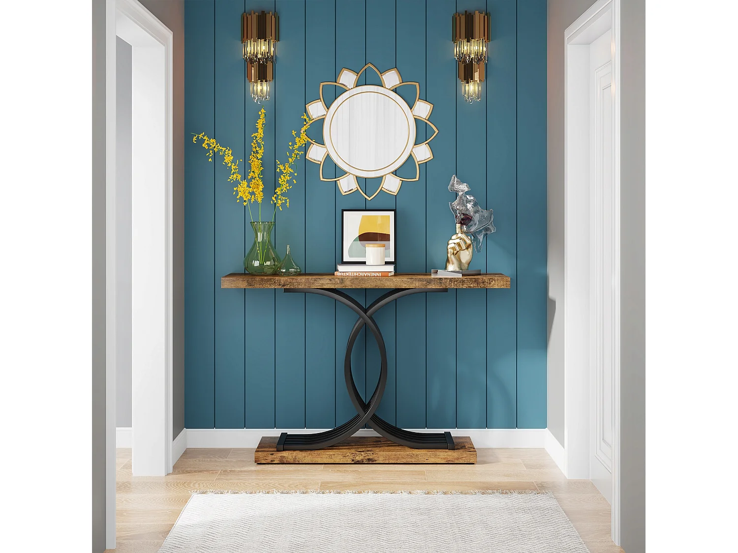 Table Console d'entrée, 100 x 29,5 x 80 cm Table Console Vintage, Table d'entrée avec Pieds métalliques géométriques