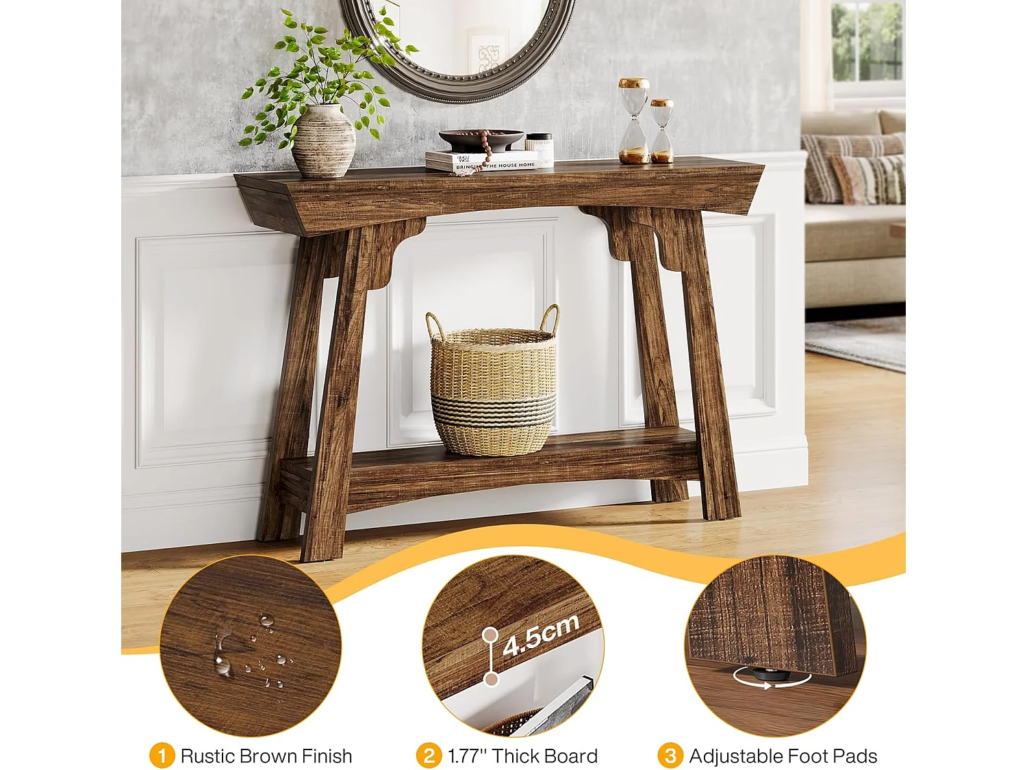 Table console de 105 cm avec rangement, 2 niveaux en bois, avec étagère, ferme étroite, table derrière le canapé pour salon, marron rustique