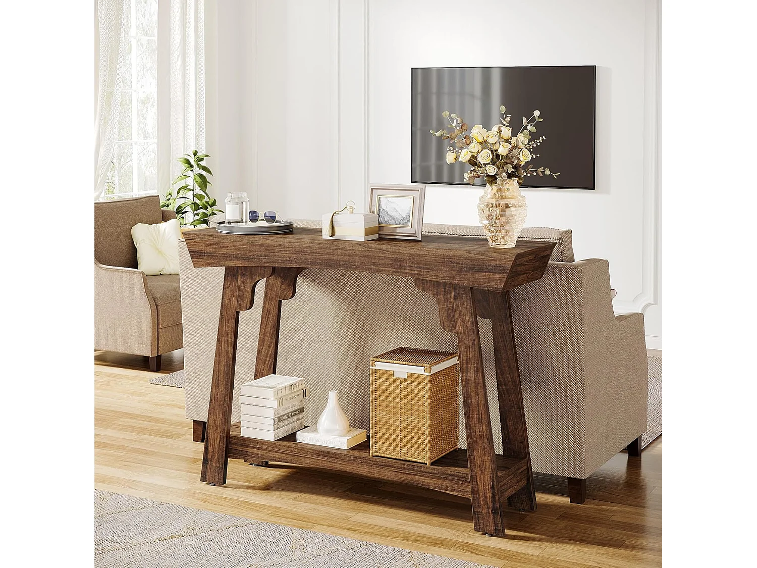 Table console de 105 cm avec rangement, 2 niveaux en bois, avec étagère, ferme étroite, table derrière le canapé pour salon, marron rustique