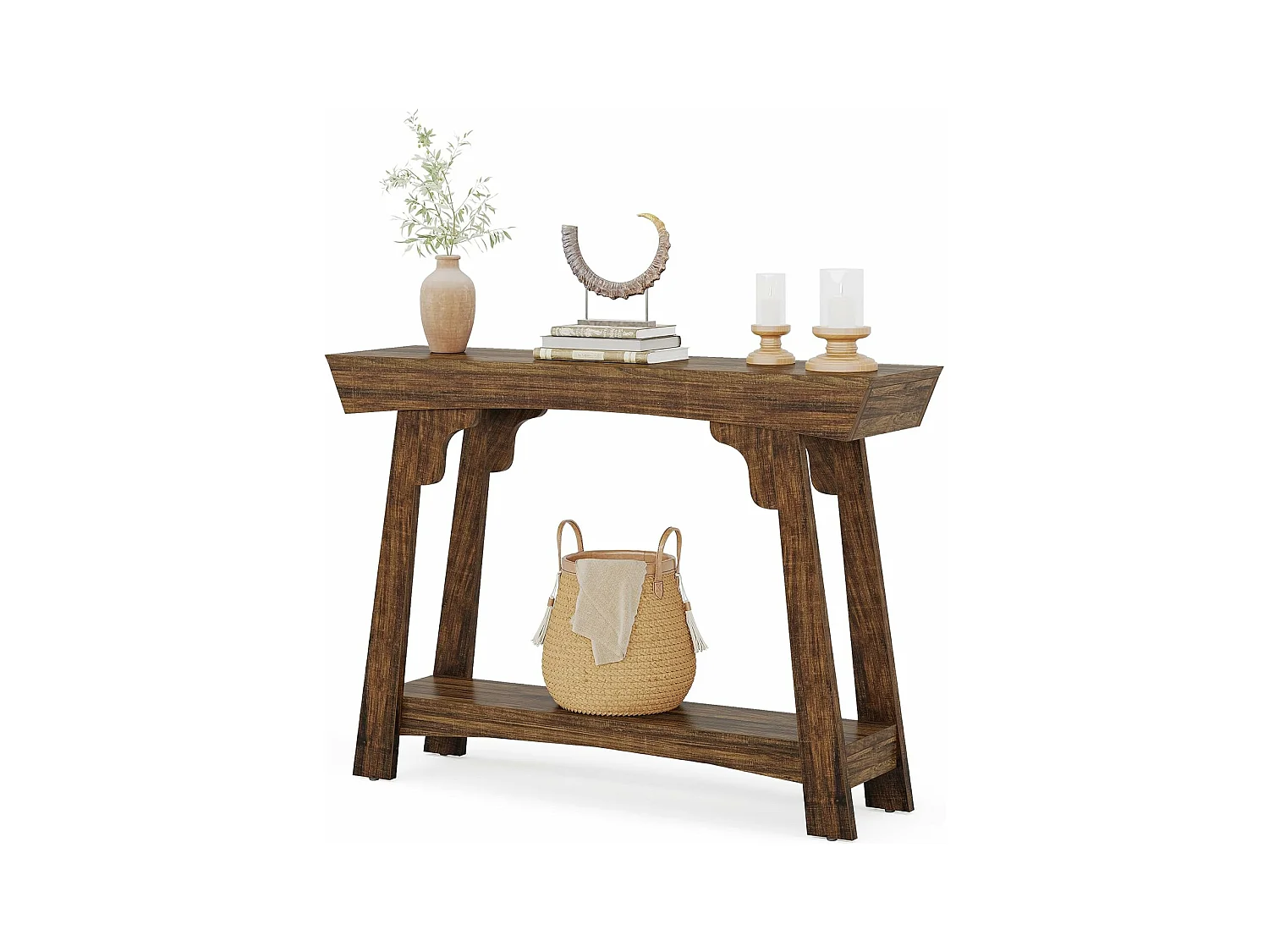 Table console de 105 cm avec rangement, 2 niveaux en bois, avec étagère, ferme étroite, table derrière le canapé pour salon, marron rustique