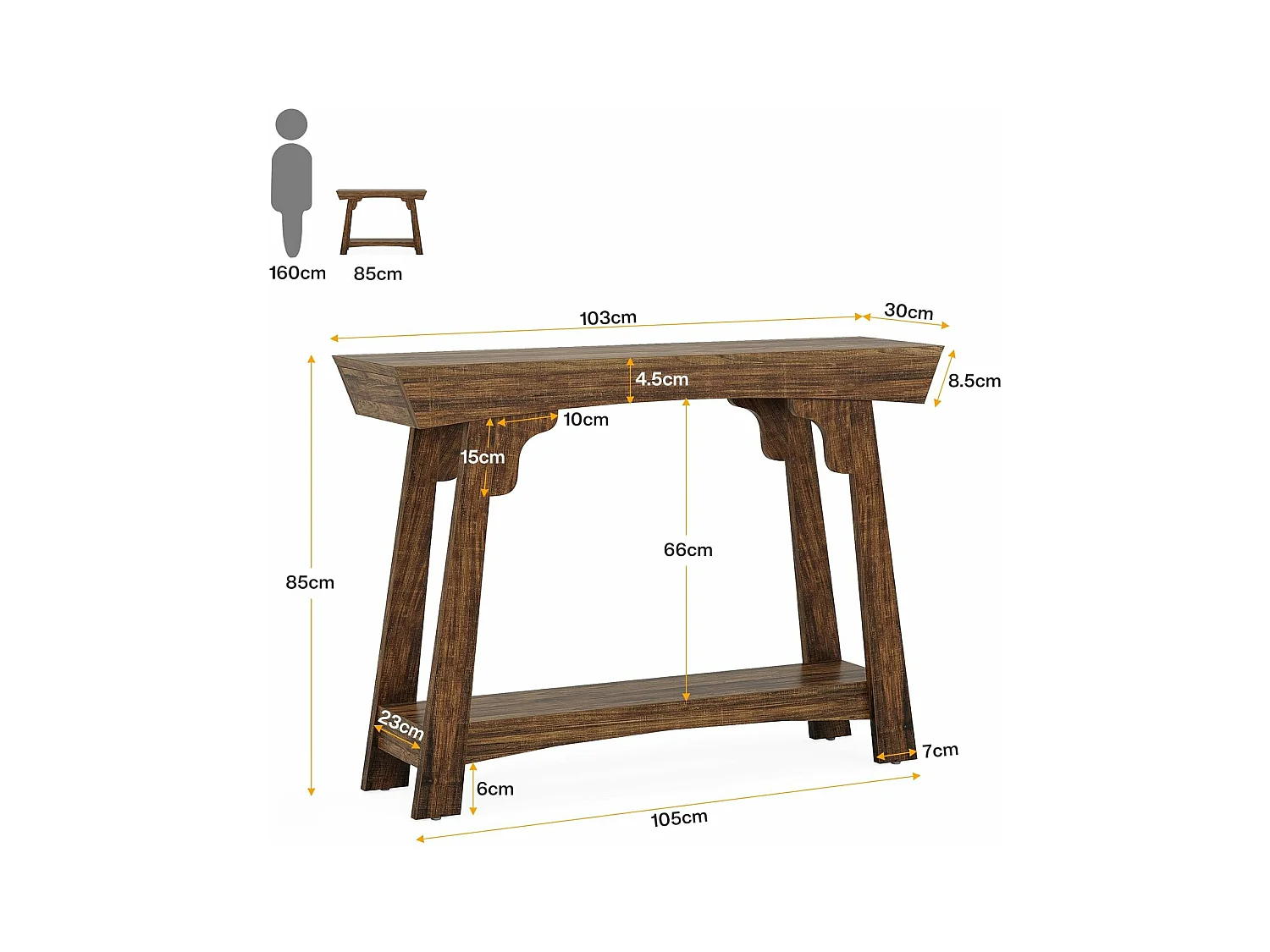 Table console de 105 cm avec rangement, 2 niveaux en bois, avec étagère, ferme étroite, table derrière le canapé pour salon, marron rustique