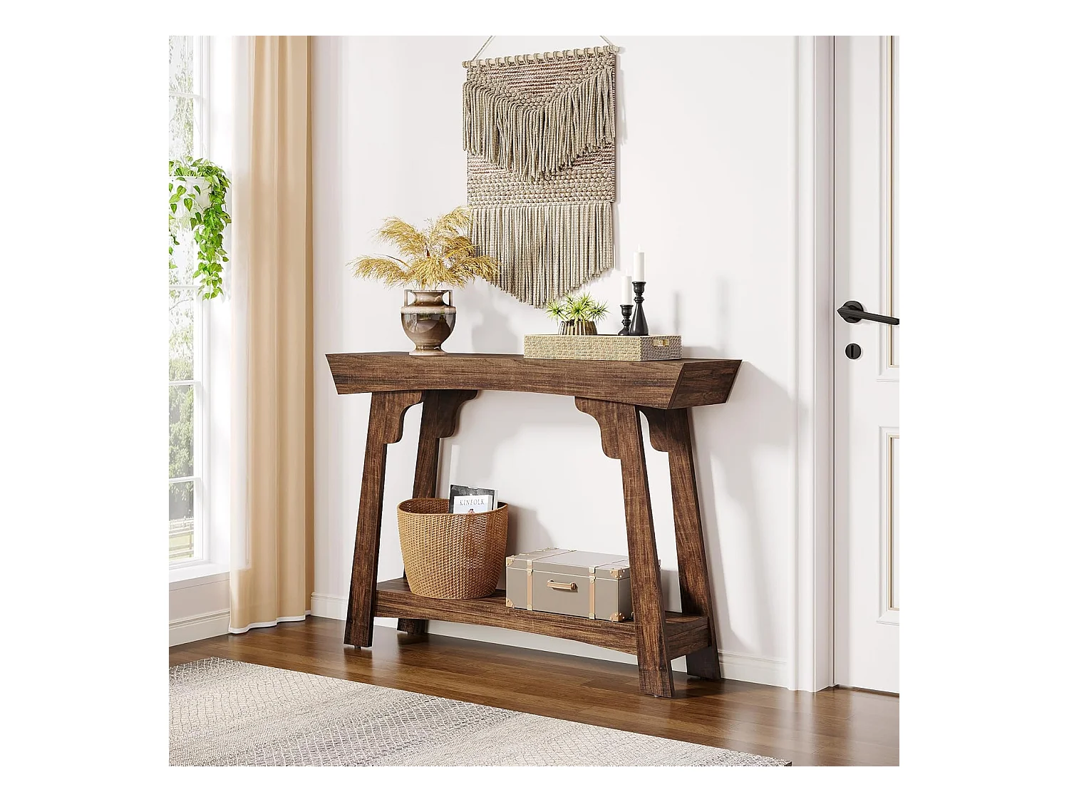 Table console de 105 cm avec rangement, 2 niveaux en bois, avec étagère, ferme étroite, table derrière le canapé pour salon, marron rustique