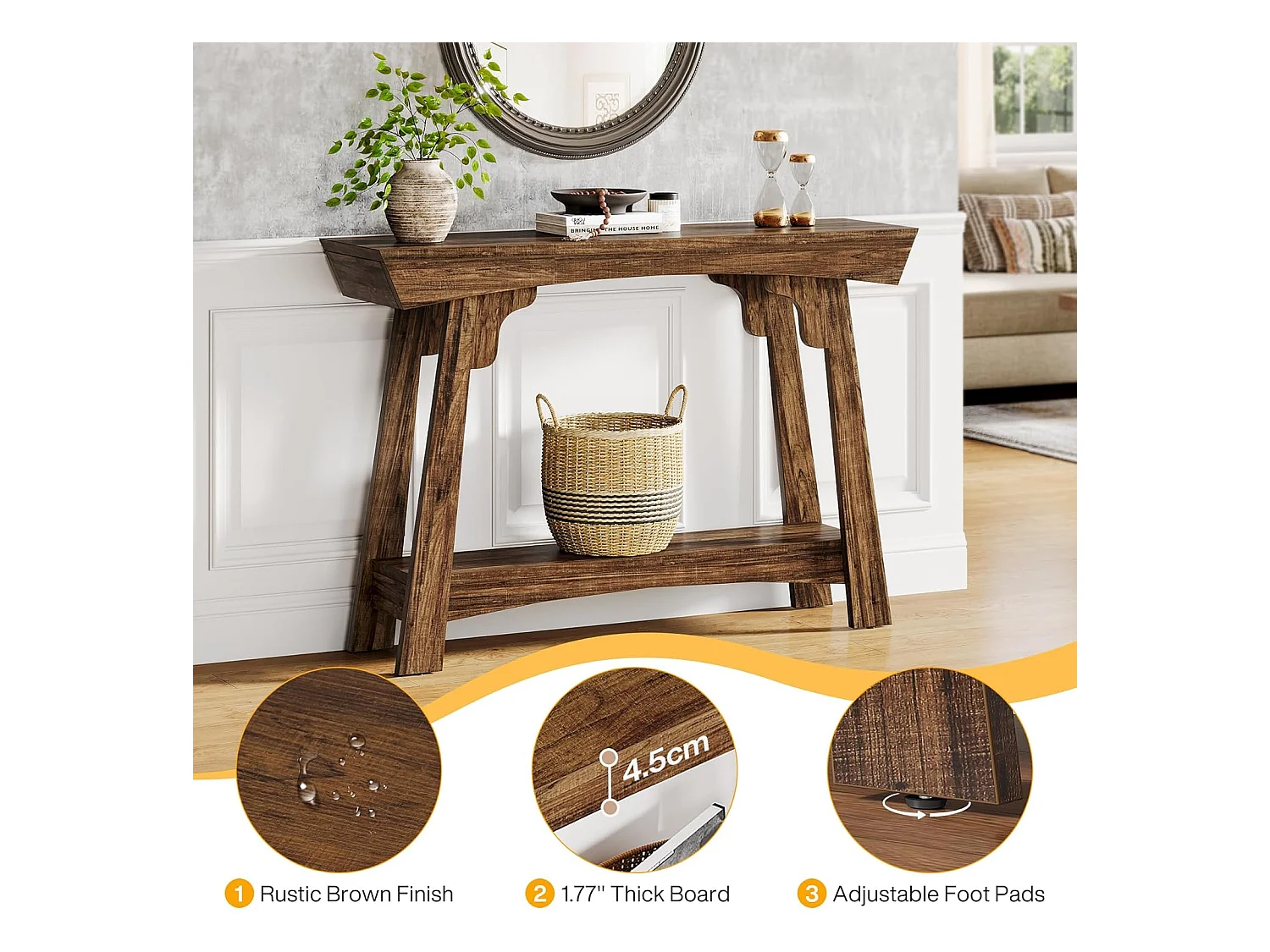 Table console de 105 cm avec rangement, 2 niveaux en bois, avec étagère, ferme étroite, table derrière le canapé pour salon, marron rustique