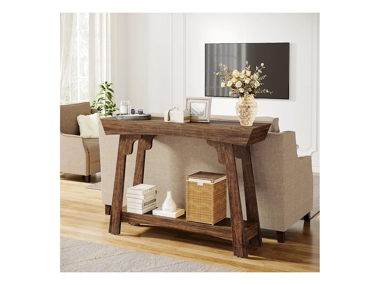 Table console de 105 cm avec rangement, 2 niveaux en bois, avec étagère, ferme étroite, table derrière le canapé pour salon, marron rustique