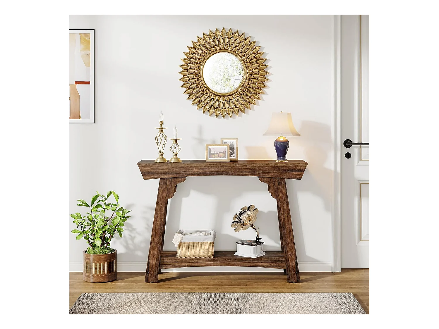 Table console de 105 cm avec rangement, 2 niveaux en bois, avec étagère, ferme étroite, table derrière le canapé pour salon, marron rustique