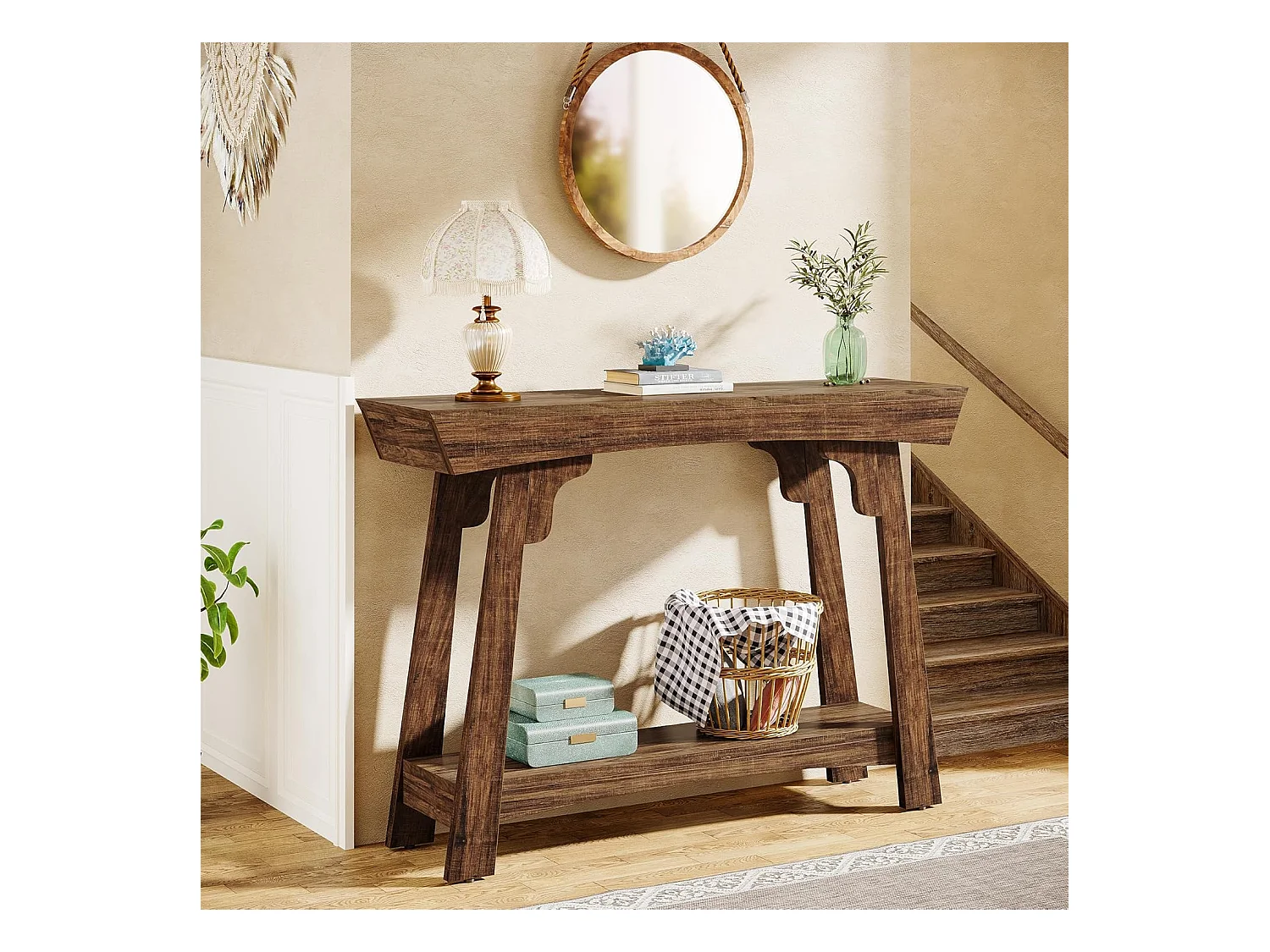 Table console de 105 cm avec rangement, 2 niveaux en bois, avec étagère, ferme étroite, table derrière le canapé pour salon, marron rustique
