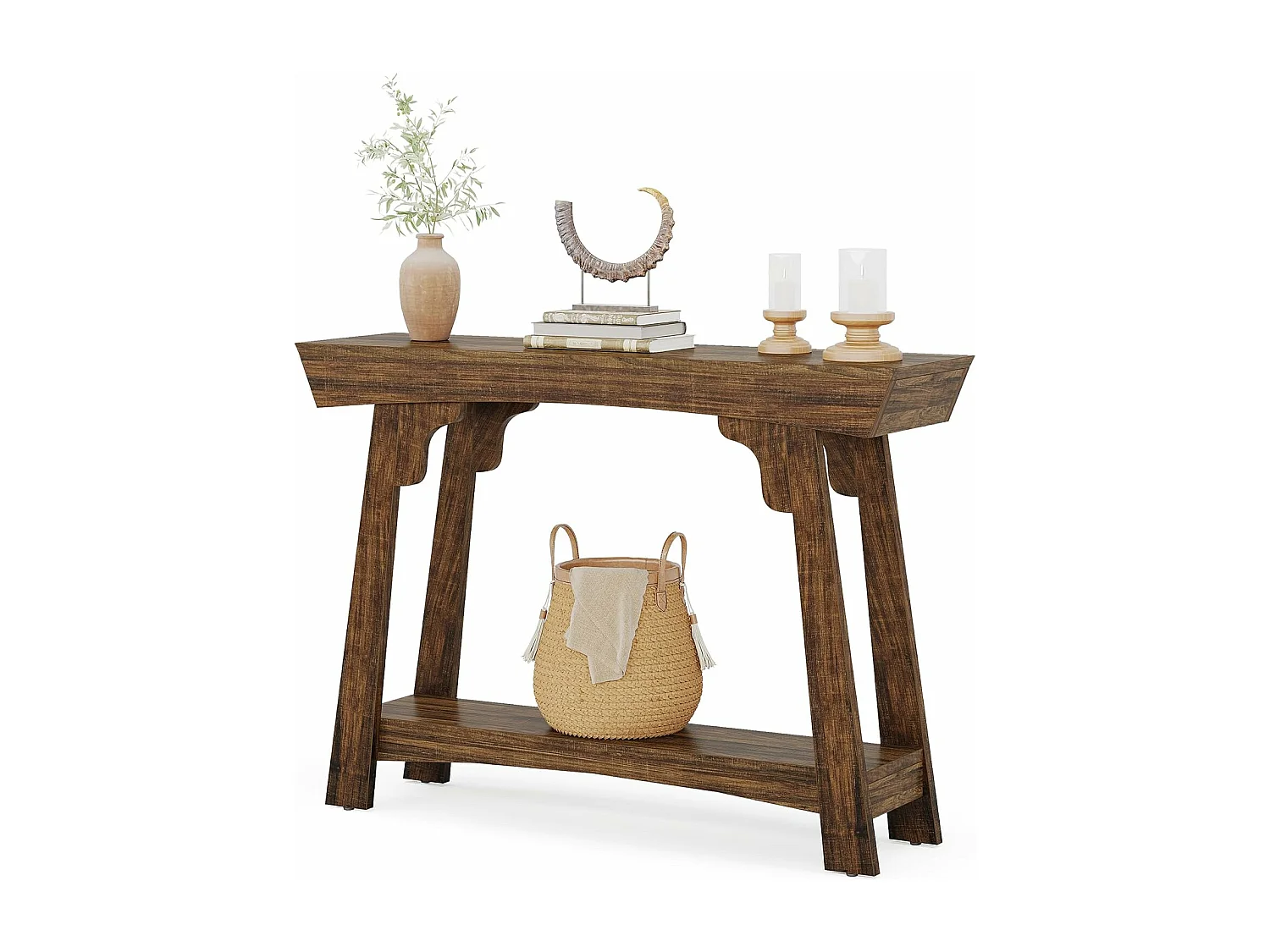 105-cm-Tischkonsole mit Stauraum, 2 Etagen aus Holz, mit Regal, schmaler Verschluß, Couchhintertisch für das Wohnzimmer, rustikales Braun