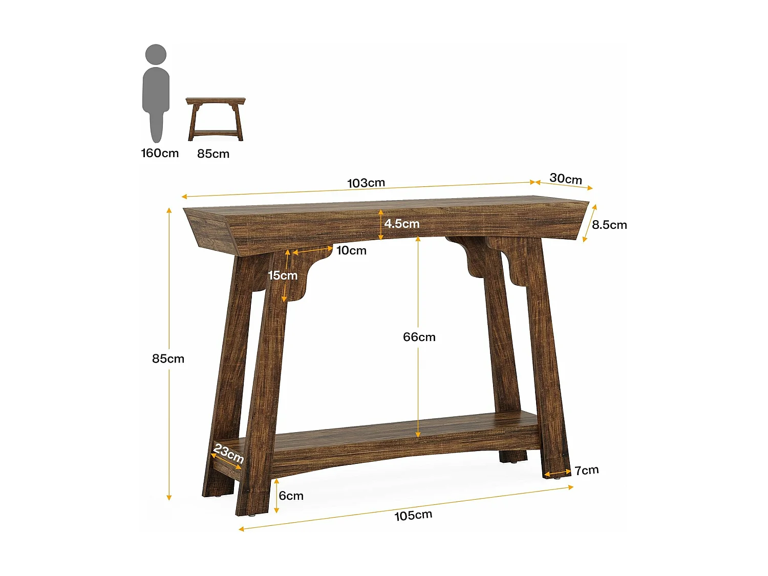 105-cm-Tischkonsole mit Stauraum, 2 Etagen aus Holz, mit Regal, schmaler Verschluß, Couchhintertisch für das Wohnzimmer, rustikales Braun