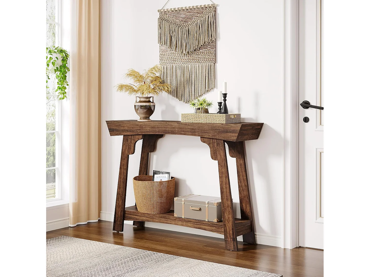 105-cm-Tischkonsole mit Stauraum, 2 Etagen aus Holz, mit Regal, schmaler Verschluß, Couchhintertisch für das Wohnzimmer, rustikales Braun