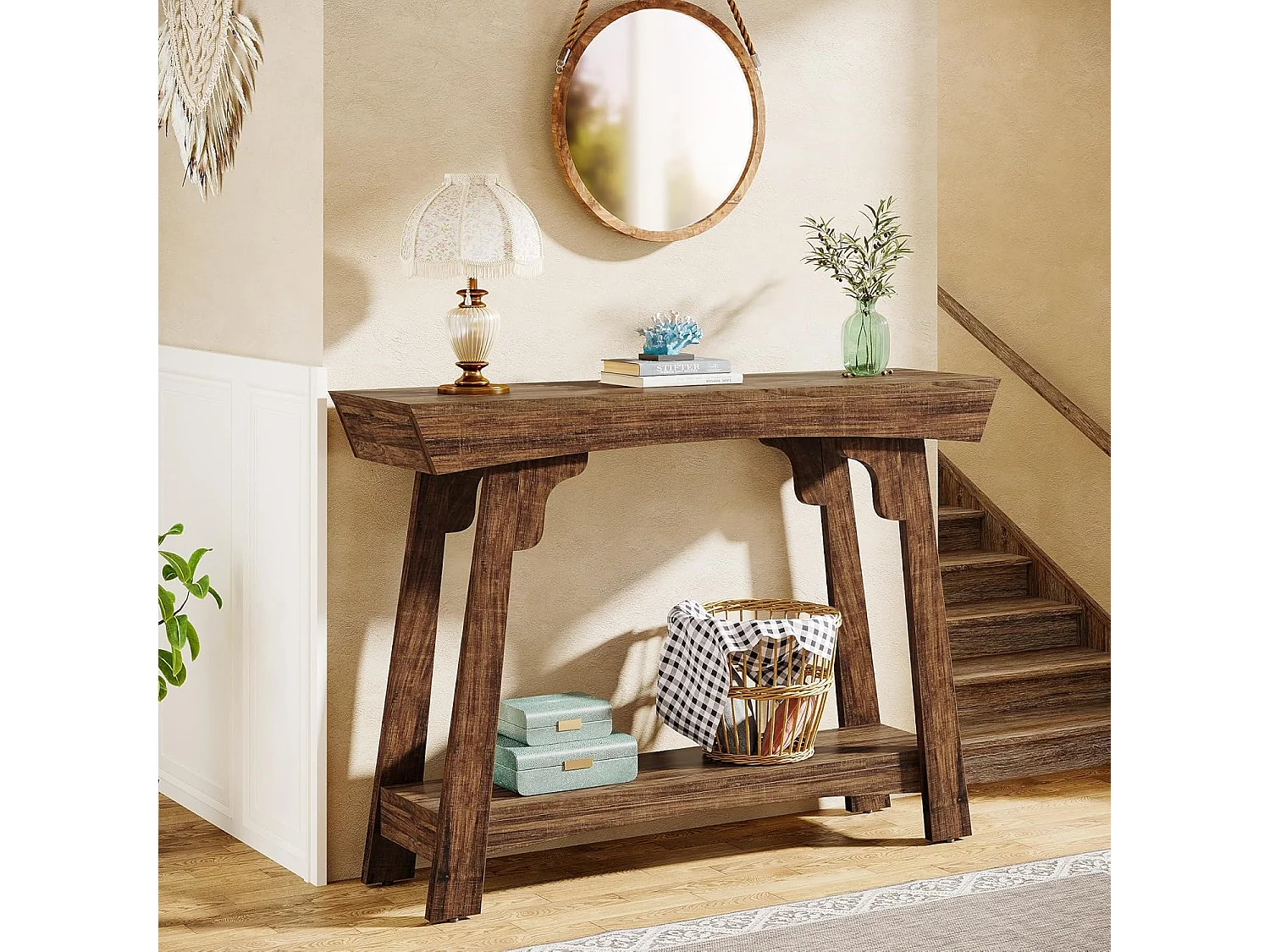 105-cm-Tischkonsole mit Stauraum, 2 Etagen aus Holz, mit Regal, schmaler Verschluß, Couchhintertisch für das Wohnzimmer, rustikales Braun