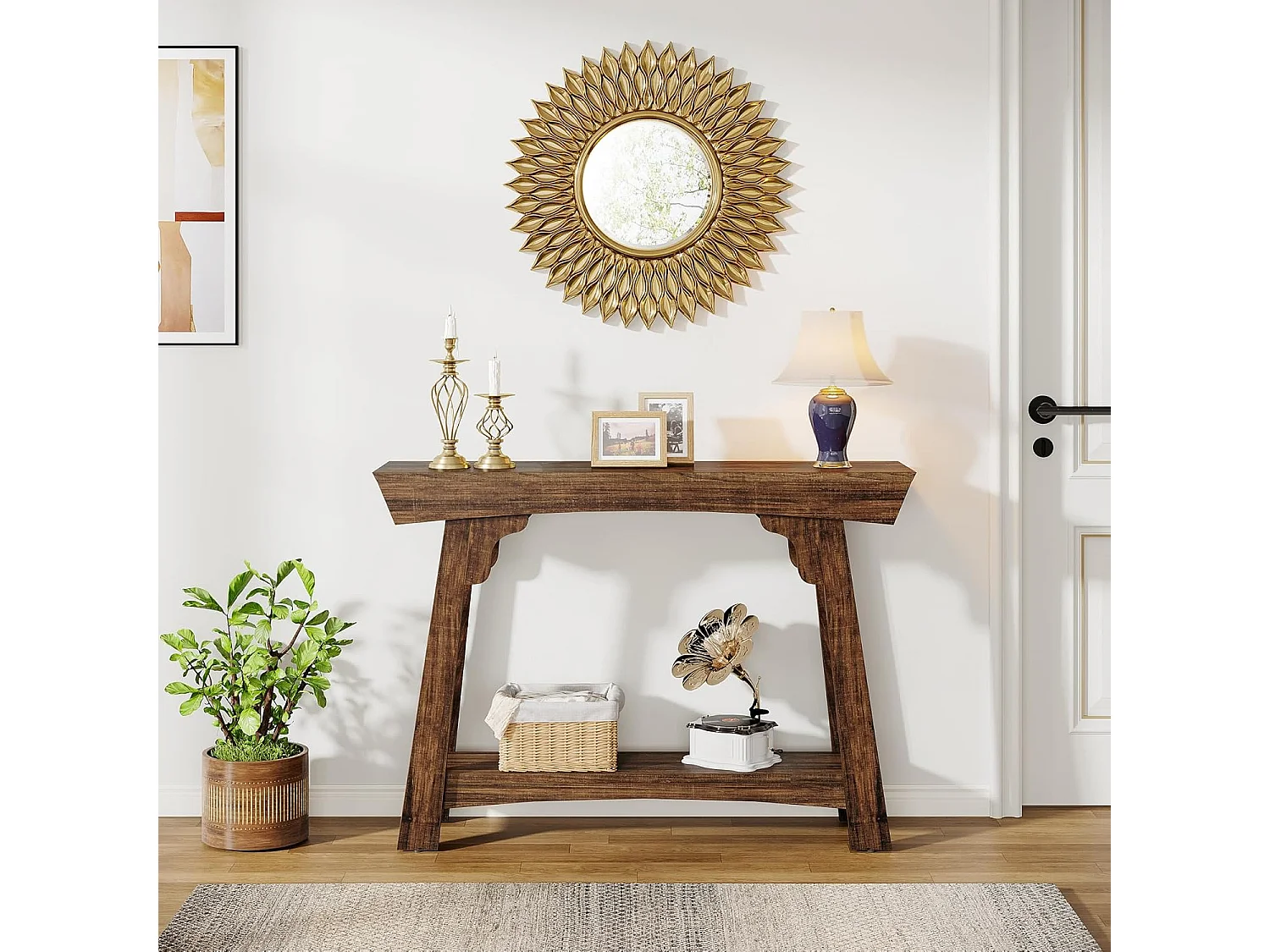 105-cm-Tischkonsole mit Stauraum, 2 Etagen aus Holz, mit Regal, schmaler Verschluß, Couchhintertisch für das Wohnzimmer, rustikales Braun