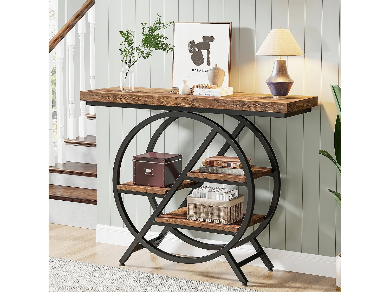 Table Console, 100 cm Table d'entrée avec Plateau épais, Industrielle Table de canapé Tables d'appoint, Brun Rustique