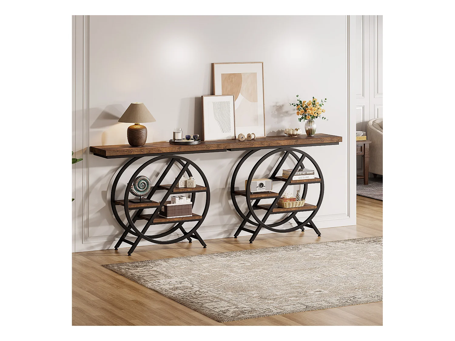 Consoletafel, 100 cm entreetafel met dik blad, industriële salontafel en bijzettafels, rustiek bruin