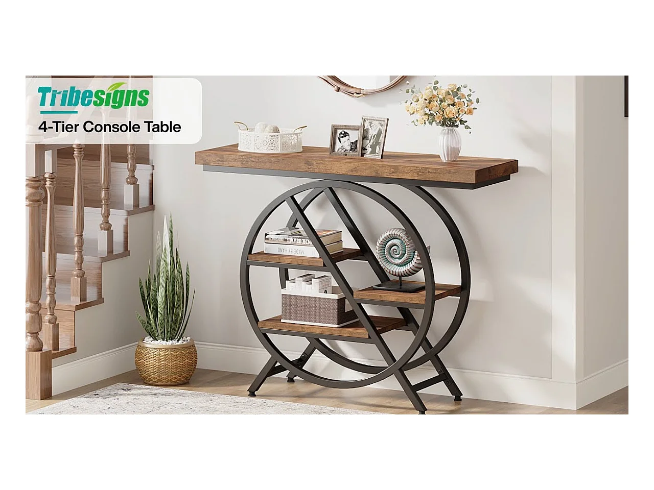 Consoletafel, 100 cm entreetafel met dik blad, industriële salontafel en bijzettafels, rustiek bruin