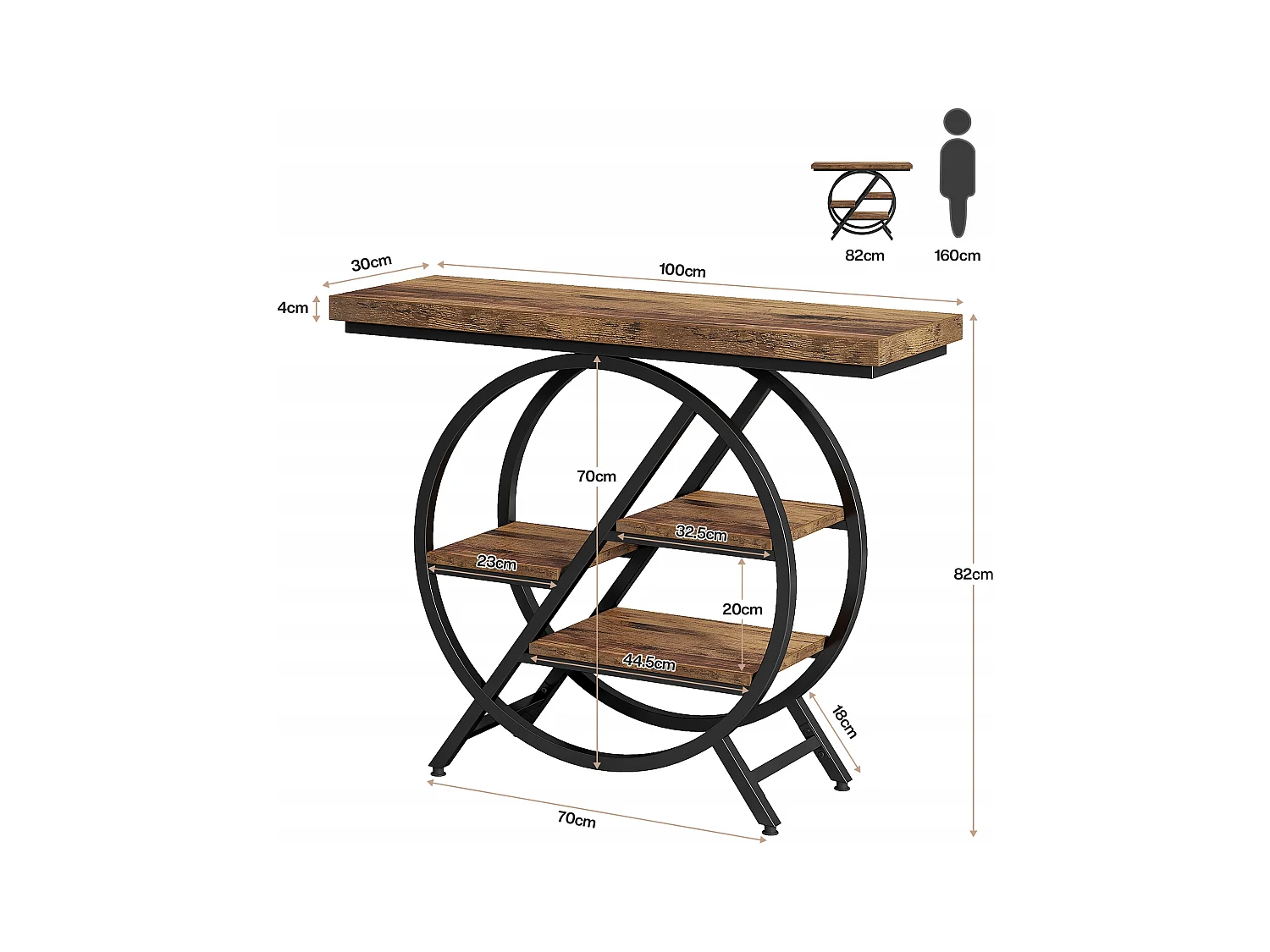 Consoletafel, 100 cm entreetafel met dik blad, industriële salontafel en bijzettafels, rustiek bruin