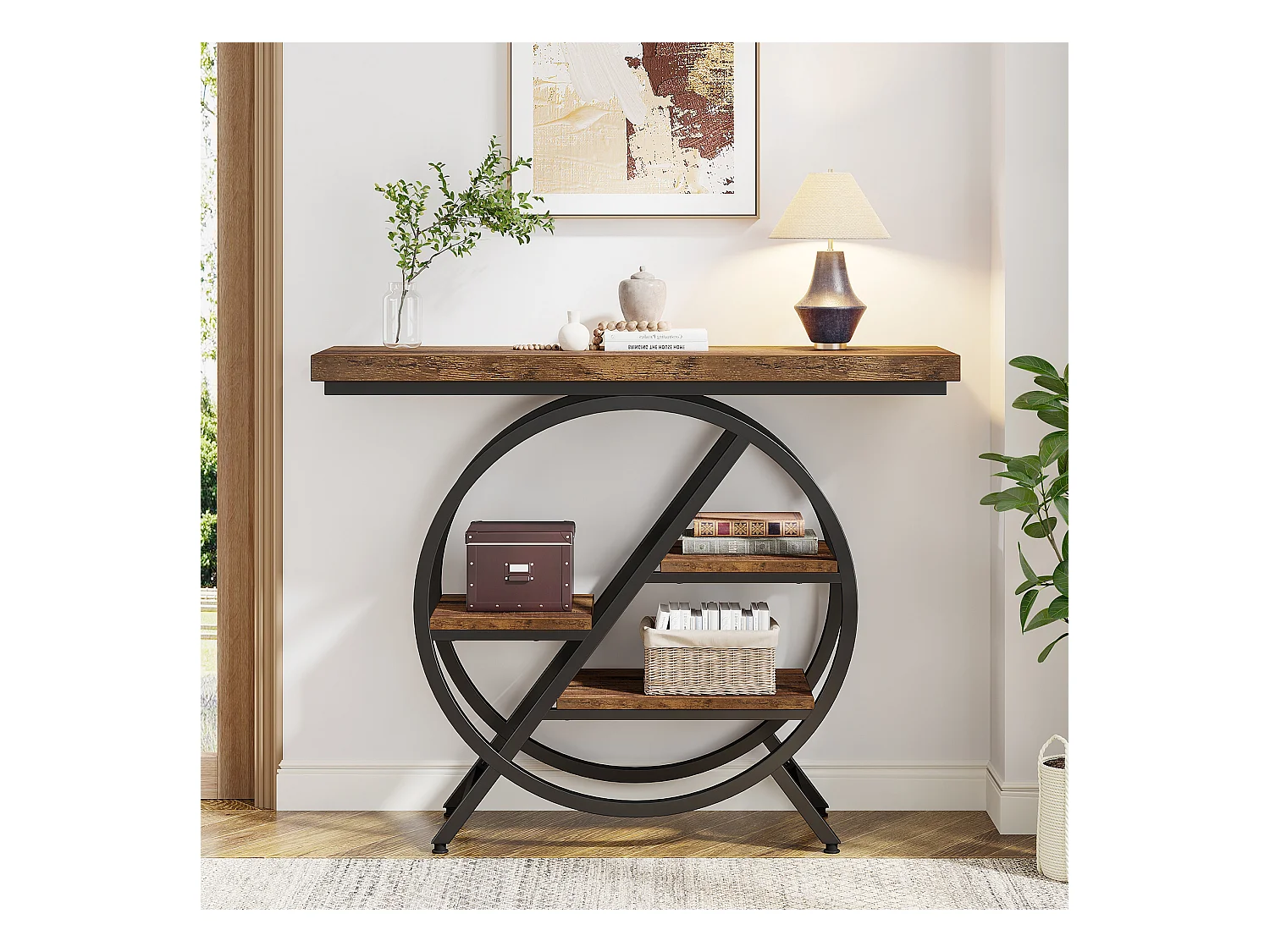 Consoletafel, 100 cm entreetafel met dik blad, industriële salontafel en bijzettafels, rustiek bruin