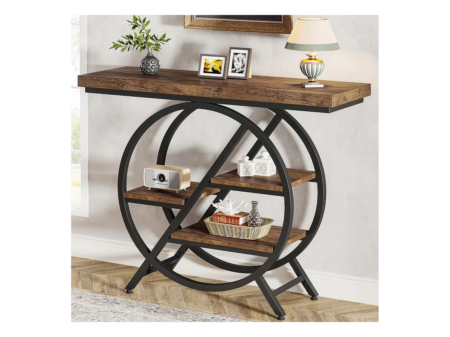 Consoletafel, 100 cm entreetafel met dik blad, industriële salontafel en bijzettafels, rustiek bruin