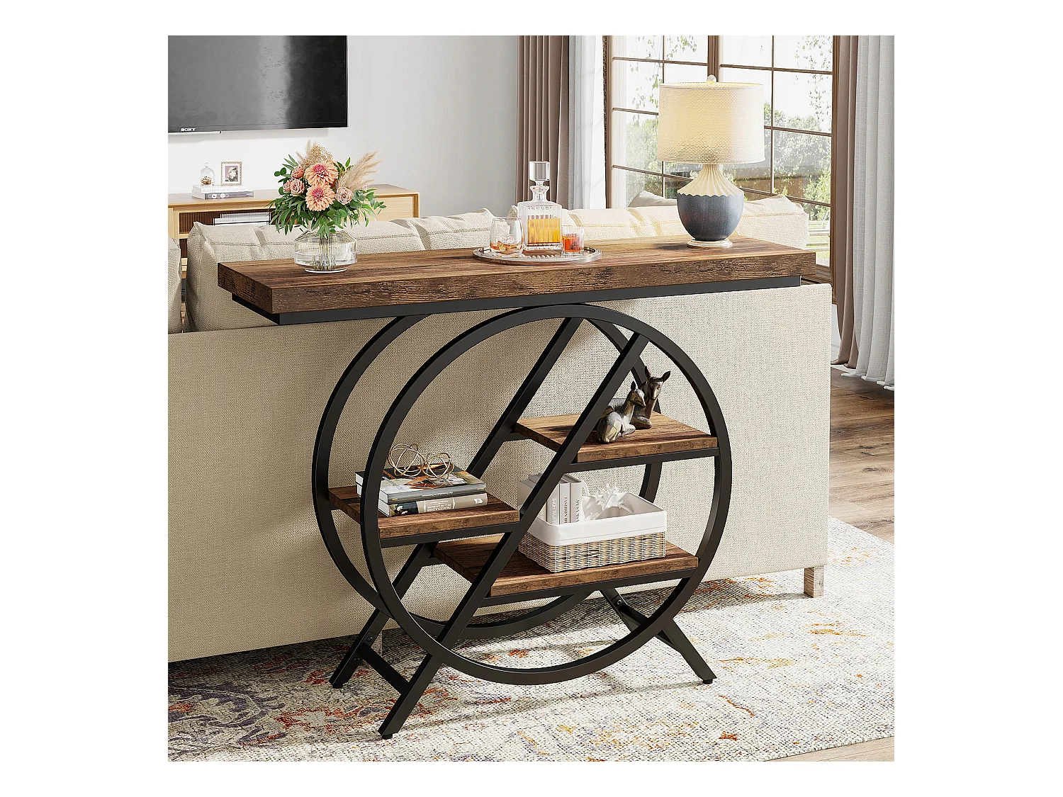 Consoletafel, 100 cm entreetafel met dik blad, industriële salontafel en bijzettafels, rustiek bruin