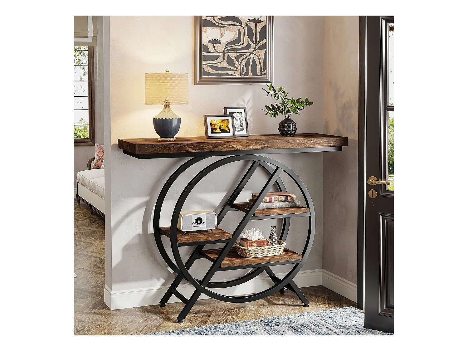 Consoletafel, 100 cm entreetafel met dik blad, industriële salontafel en bijzettafels, rustiek bruin