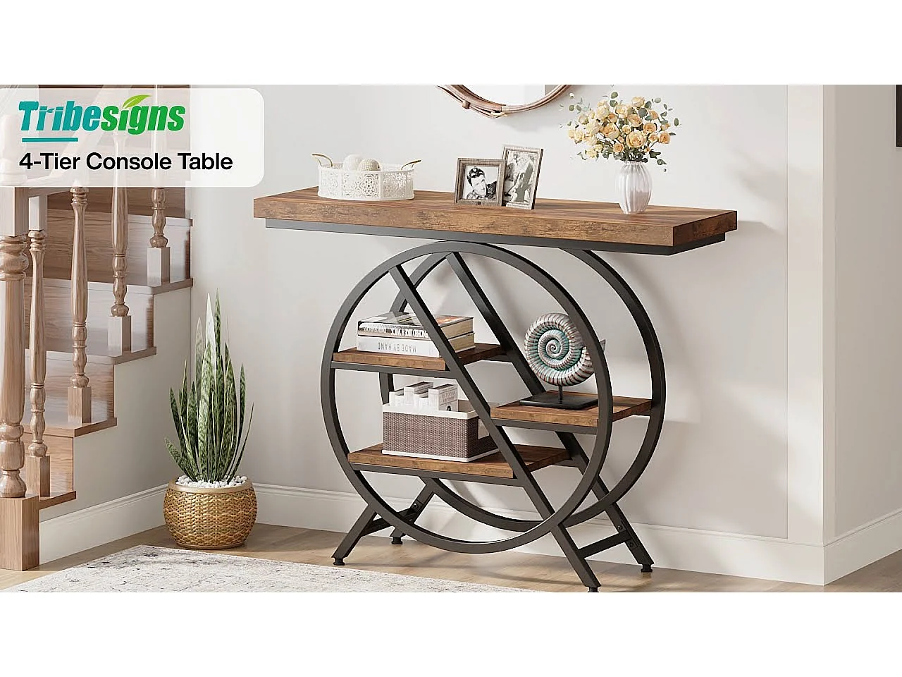 Table Console, 100 cm Table d'entrée avec Plateau épais, Industrielle Table de canapé Tables d'appoint, Brun Rustique