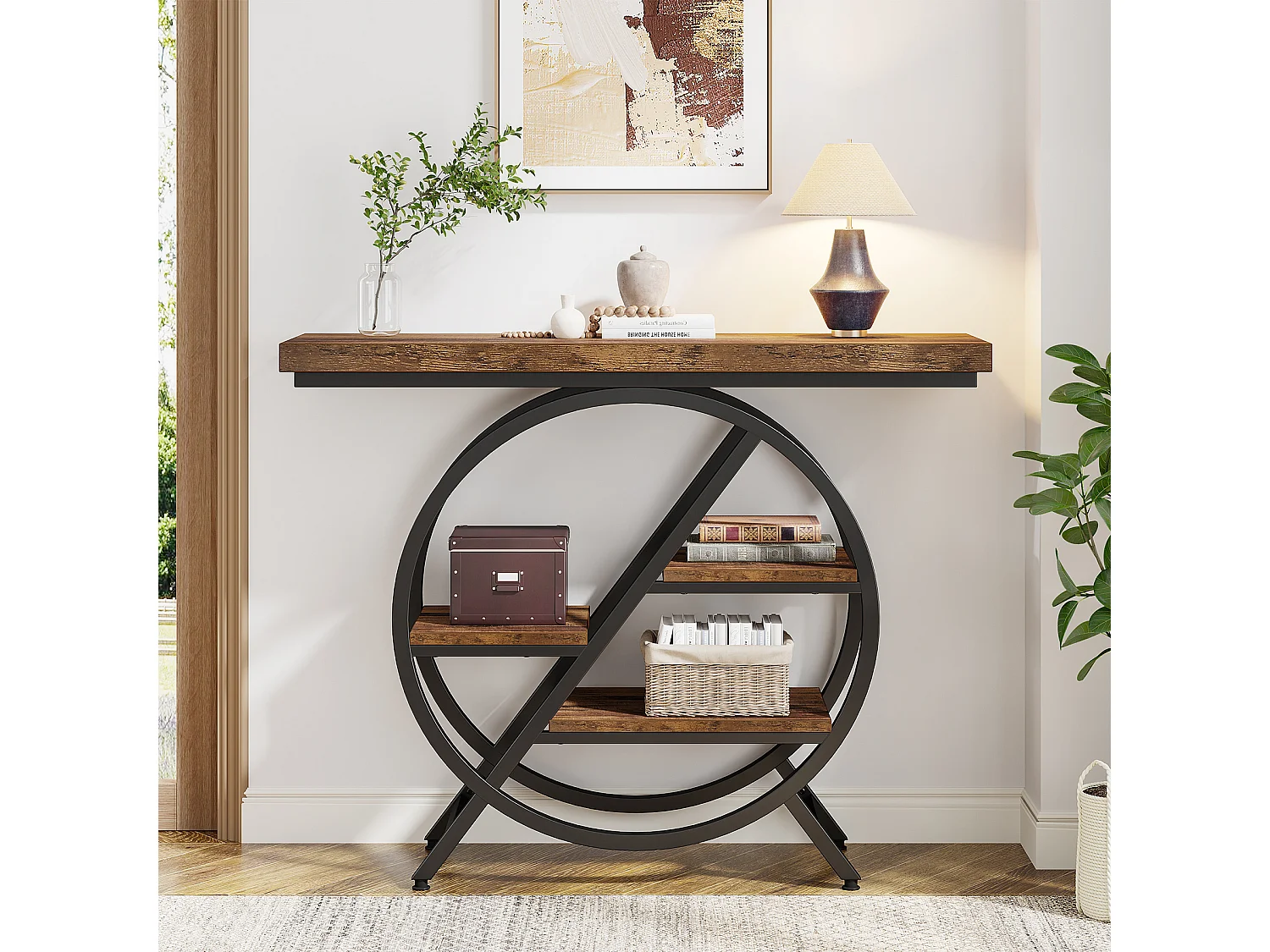 Table Console, 100 cm Table d'entrée avec Plateau épais, Industrielle Table de canapé Tables d'appoint, Brun Rustique